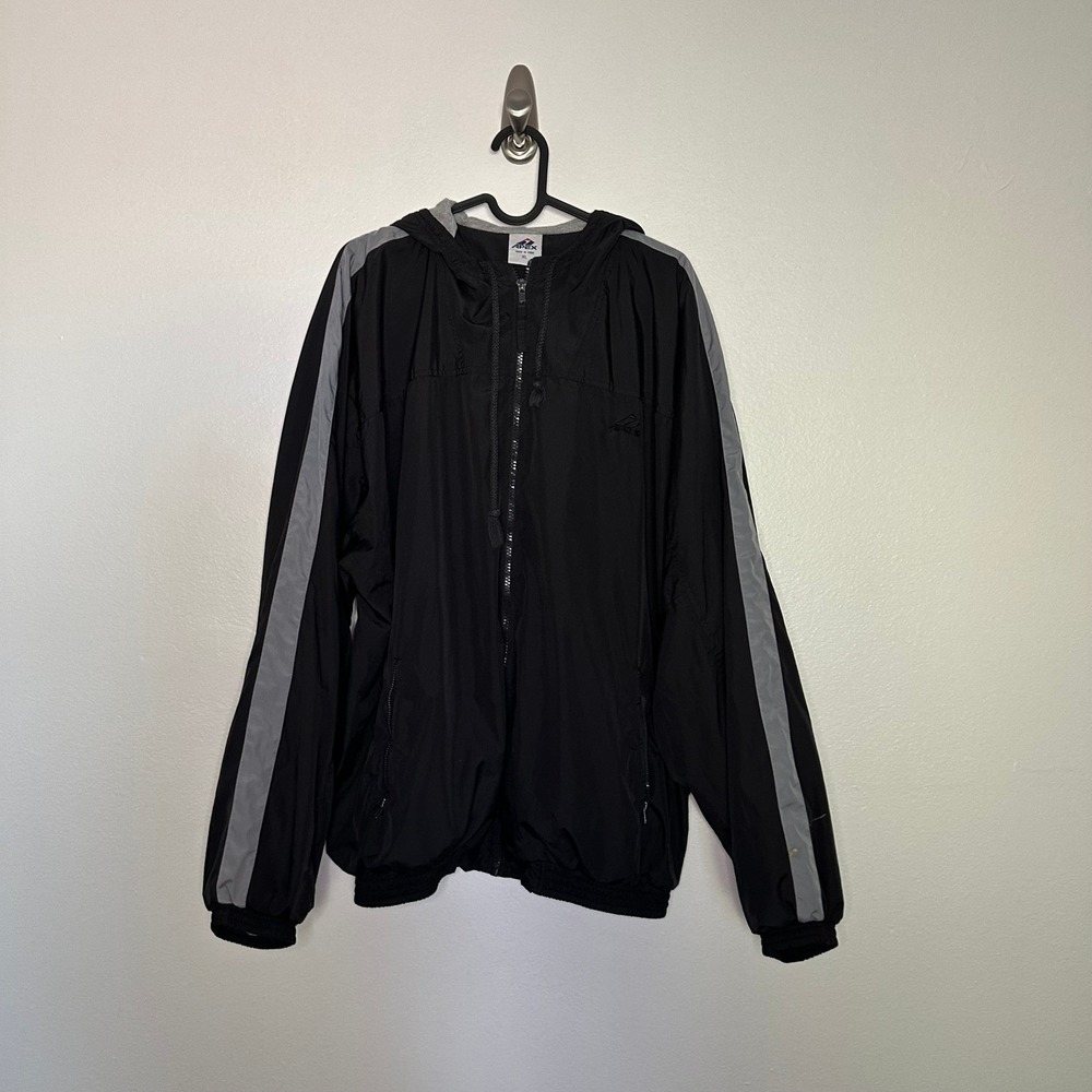 Apex Vintage Windbreaker Jacket Mens XL Black Grey Stripe Hooded Full Zip 90s